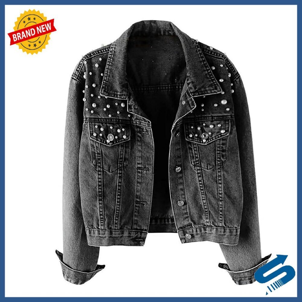 Distressed Cropped Denim Jacket with Pearl Beading Oversized Fit
